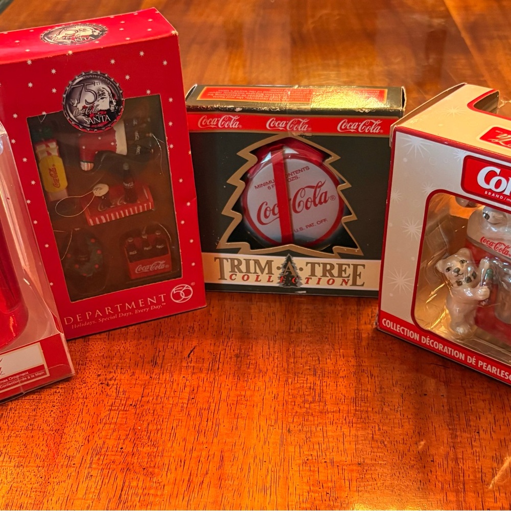Eight Vintage New In Boxes Coca Cola Red and White Christmas Tree Ornaments